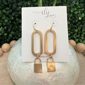 Matte Gold Tone Dangle Earrings | Oval and Lock | French Wire | NWT | Boutique